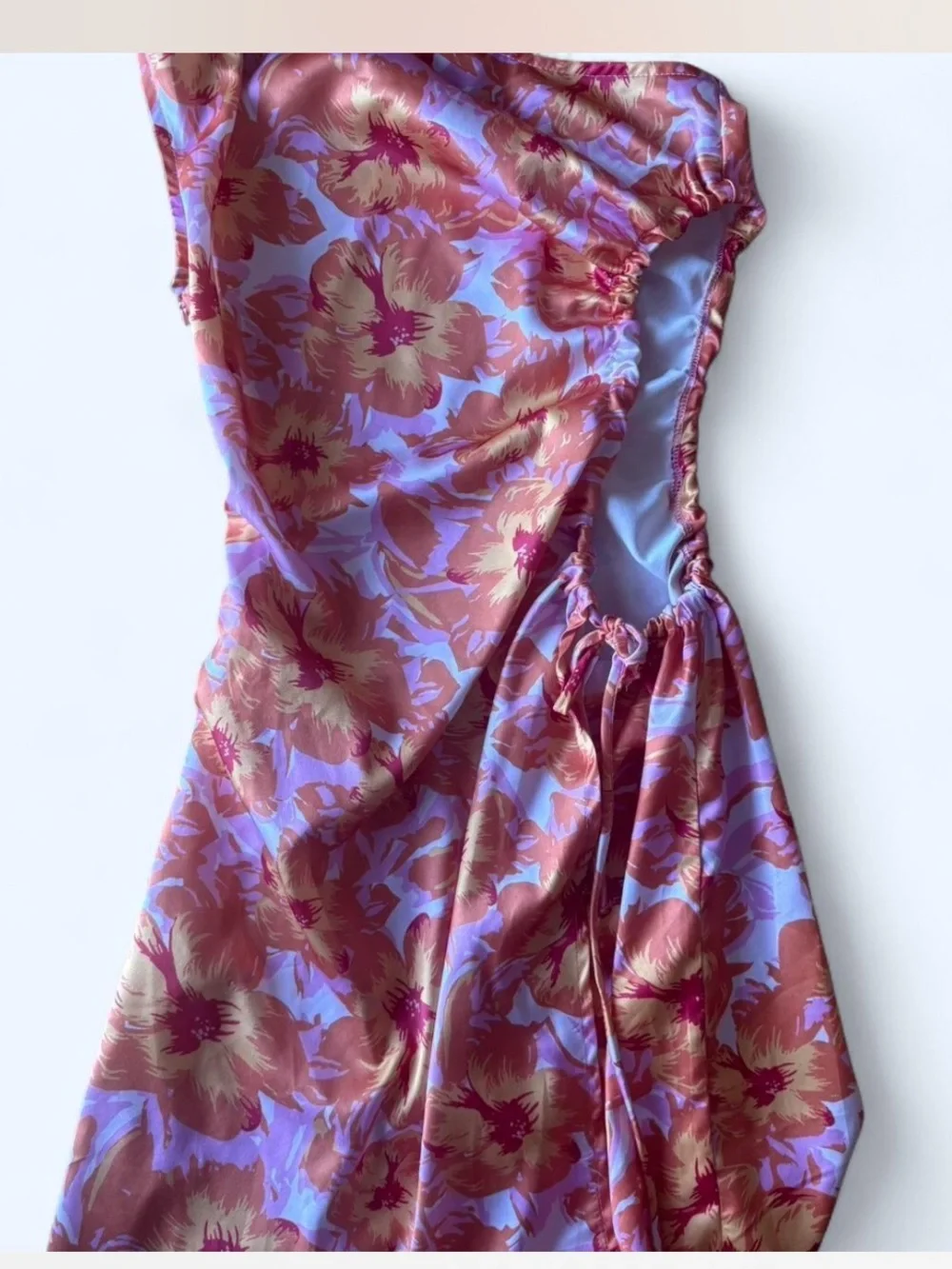 White Fox Boutique One-Shoulder Floral Midi Dress in Pink and Orange